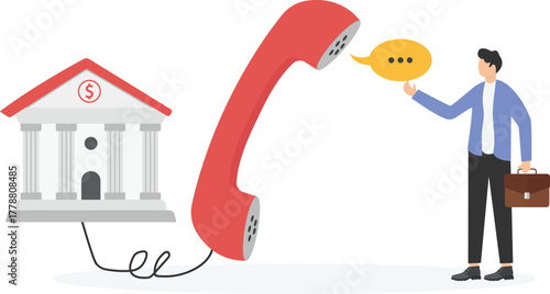 A businessman talks on the phone, thinking about a bank, 
