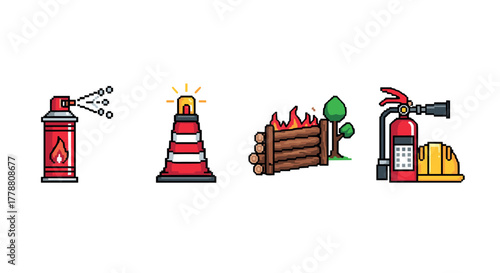Pixel art fire safety icons extinguisher, siren, lumber, hardhat