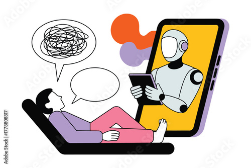 Person undergoing online therapy session with AI robot therapist on mobile app, mental health support and futuristic digital healthcare concept Vector Illustration