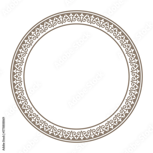Patterns of Kazakh and Kyrgyz. Mongol round frame. Round ornament. Circle muslim border. Typical Islamic, Arabic, Indian, Ottoman motifs. Gold medallion, embroidery, ceramics, plate, dishes