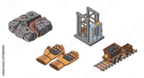 Isometric mining tools and equipment with ore cart and elevator