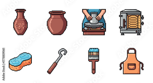 Pixel art pottery tools and equipment creative workshop essentials