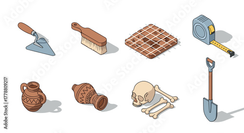 Isometric archaeological tools and artifacts collection featuring ceramics and human remains