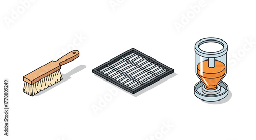 Isometric cleaning set broom, drain, and hourglass in minimal style