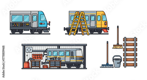 Colorful flat train workshop with detailed garage tools and equipment