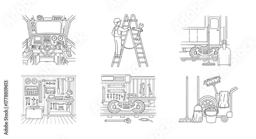 Detailed linear illustrations of train maintenance tools and scenes