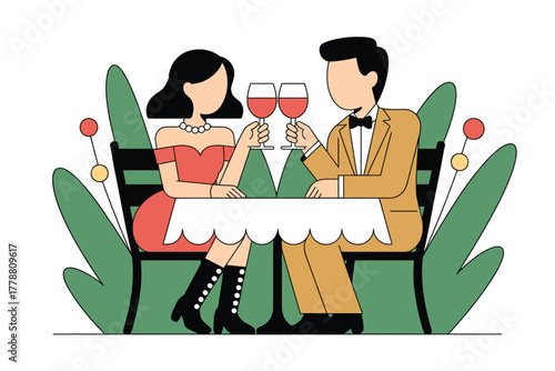Elegant Couple Toasting with Wine at Outdoor Romantic Dinner, Flat n in Park, Celebrating Love and Valentine's Day Vector Illustration