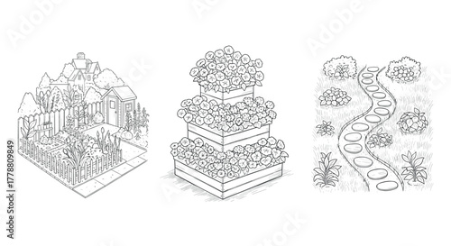 Charming garden designs hexagonal raised bed, floral pyramid, pathway with circular stones