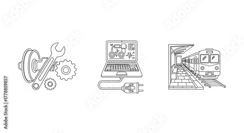 Linear icons of mechanical maintenance, digital diagnostics, and urban commuting