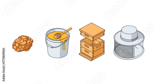 Honey production essentials comb, bucket, beehive, and strainer in isometric design