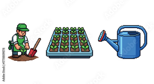 Pixel art gardening with farmer, seedlings, and watering can