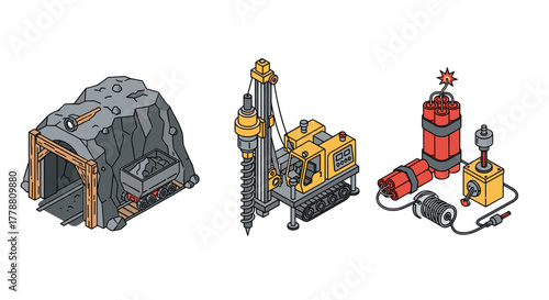 Isometric mining equipment set with tunnel, drill, and explosive mechanism