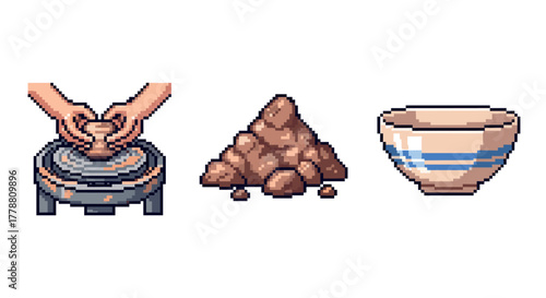 Pixel art pottery process crafting clay into a striped bowl