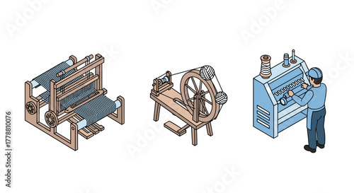 Isometric textile machines loom, spinning wheel, and factory worker