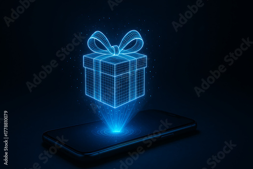 Holographic gift box projection above smartphone glowing in dark background, futuristic digital present concept symbolizing online shopping innovation, virtual holiday technology illustration with blu
