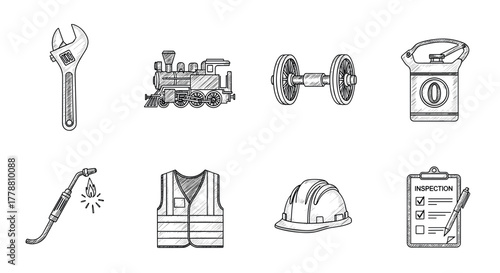 Handdrawn industrial tools and equipment icons set for engineering and maintenance