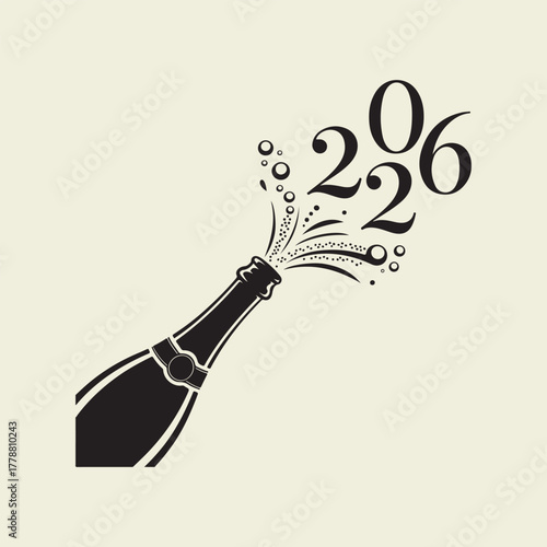Champagne bottle exploding with numbers 2026 celebration