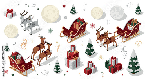 Festive christmas scene with sleighs and reindeer in isometric style