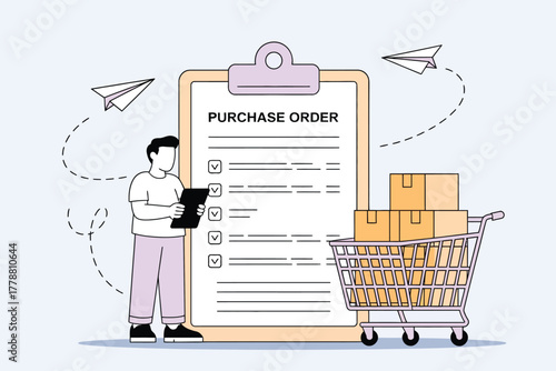 Man Reviewing Purchase Order with Cart of Boxes, Business Logistics and Supply Chain Management, Minimalist Illustration Style, Online Shopping, Delivery Vector Illustration