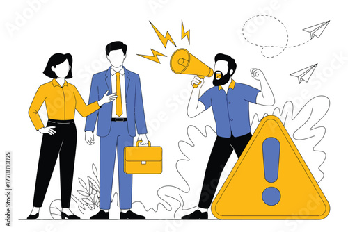 Illustration of Business Communication Breakdown Angry Employee with Megaphone, Business People Ignoring Warning Sign, Business Concept, Modern Flat Design Vector Illustration