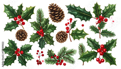 Festive holly, berries, and pinecone arrangement on black background