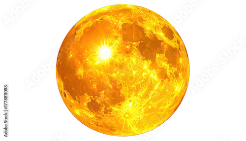 Orange orb with craters and bright central light on dark backdrop