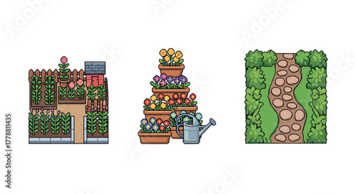 Garden design raised beds, tiered planters, and stone path in detailed style