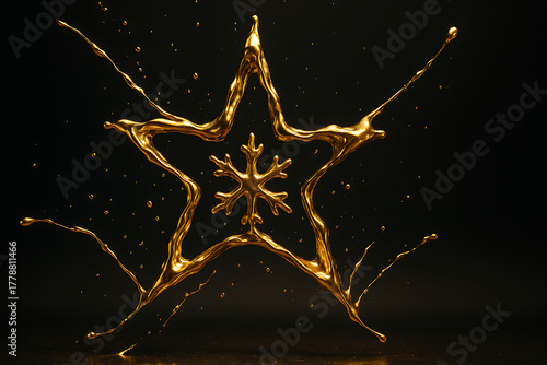 Golden liquid splash forming star shape with snowflake center, 3D abstract motion art on dark background, luxury festive concept symbolizing celebration, creativity, metallic texture, and holiday eleg