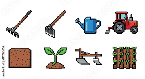 Farming tools and agriculture icons in pixel art style