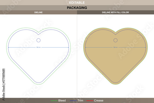 Custom dimensions heart shaped tags cards dieline structured through vector detail refining printing finish packaging form die line mapping builds curved romantic outline
