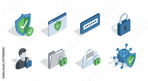 Isometric cybersecurity icons with locks and shields for digital protection