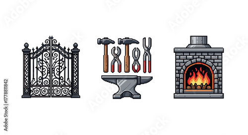 Pixel art blacksmithing elements forge, tools, anvil, and decorative gate design