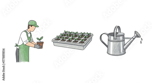 Gardening essentials grower tending plants, seedling tray, and watering can in handdrawn style