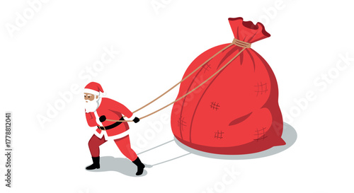 Santa pulling large gift sack in festive holiday scene with white background