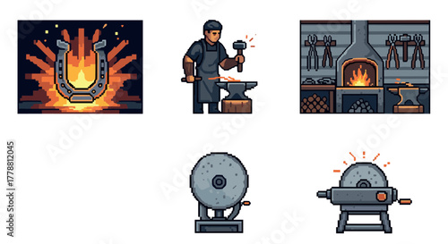 Vintage blacksmith workshop with forge and anvil in retro pixel art style