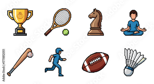 Pixel art icons of sports equipment and activities