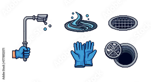 Pixel art plumbing tools, water flow, and drain access