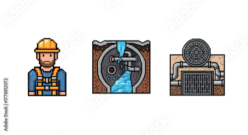 Pixel art plumbing concept with construction worker and sewer system elements