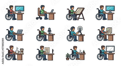 Inclusive workplace icons people in wheelchairs engaged in various office tasks