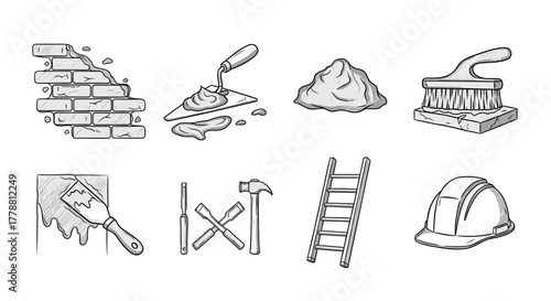 Set of hand drawn construction tools and materials in sketch style