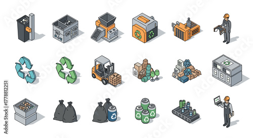 Isometric icons of recycling and waste management process