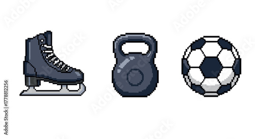 Pixelated sports icons skating, weightlifting, and soccer equipment