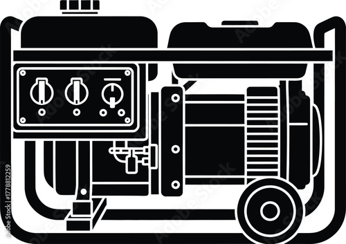 Portable generator backup power equipment and electrical energy source vector illustration silhouette icon. 