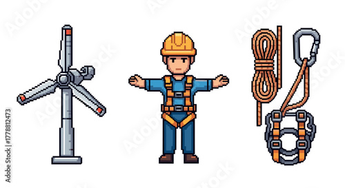 Pixel art wind energy worker with safety gear and equipment
