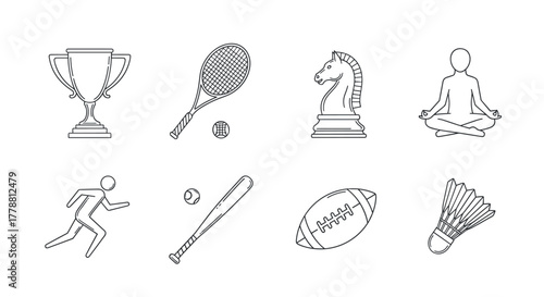 Outline icons of popular sports and recreation trophy, tennis, chess, yoga, running, baseball, football, badminton