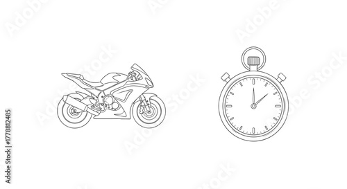Motorcycle and stopwatch in minimalist linear design for speed and time concepts