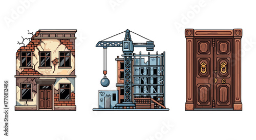 Urban transformation from dilapidation to renewal in retro pixel art