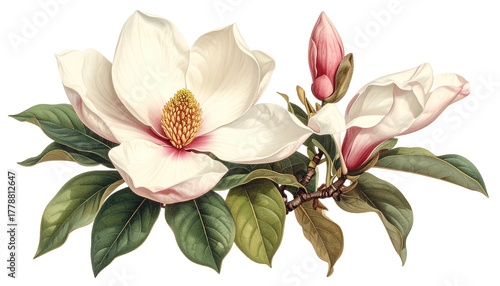 White magnolia blossoms, bud, and leaves