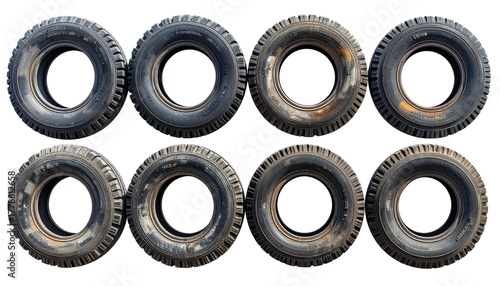 Eight used black tires arranged in two rows against black background