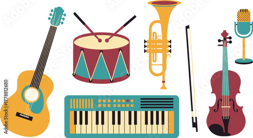 Guitar, keyboard, trumpet, drum, violin, and microphone musical instruments collection  colorful vector illustration silhouette icons